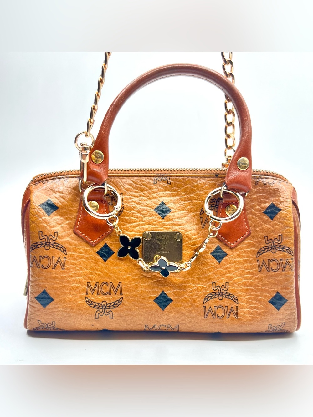MCM Brown and Black Nano Boston Bag in Cognac and Black Monogram